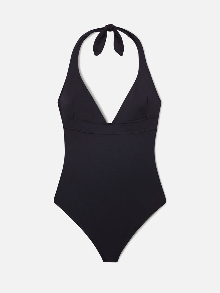Marylin one-piece swimsuit with halterneck ties in solid black