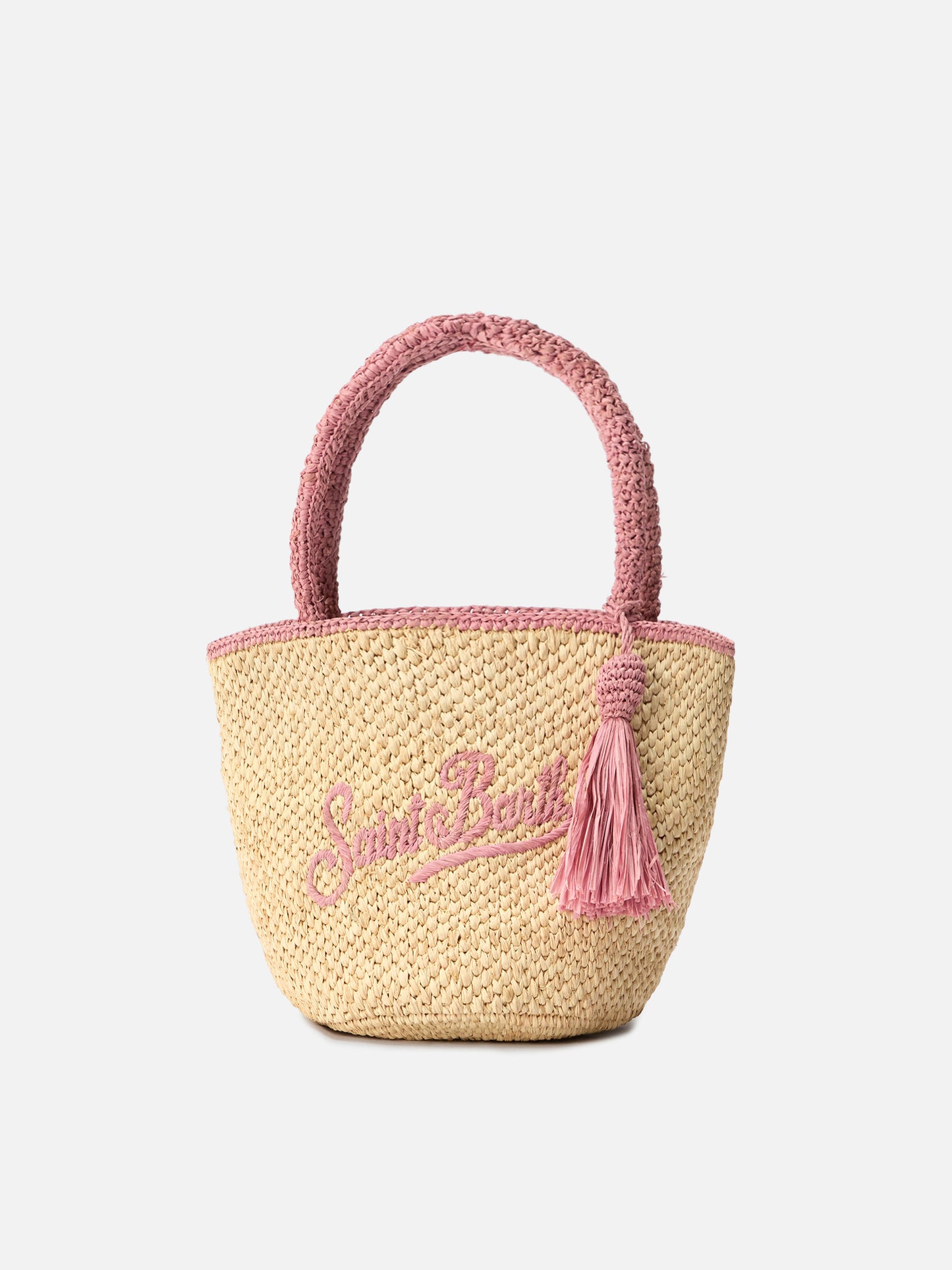 Borsa Marcy medium in raffia con dettagli rosa e logo ricamato