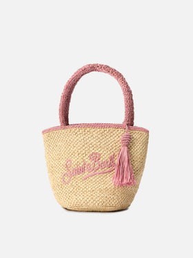 Borsa Marcy medium in raffia con dettagli rosa e logo ricamato