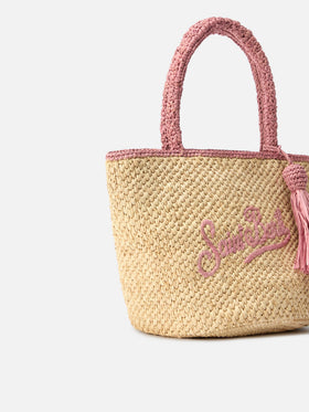 Borsa Marcy medium in raffia con dettagli rosa e logo ricamato