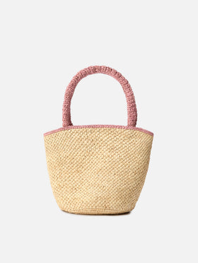 Borsa Marcy medium in raffia con dettagli rosa e logo ricamato