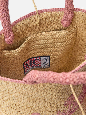 Borsa Marcy medium in raffia con dettagli rosa e logo ricamato