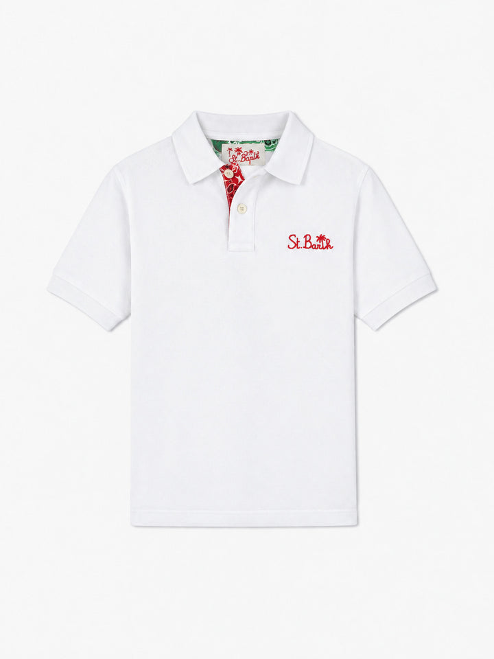 Jungen-Poloshirt aus weißem Baumwoll-Piqué mit Stickerei 