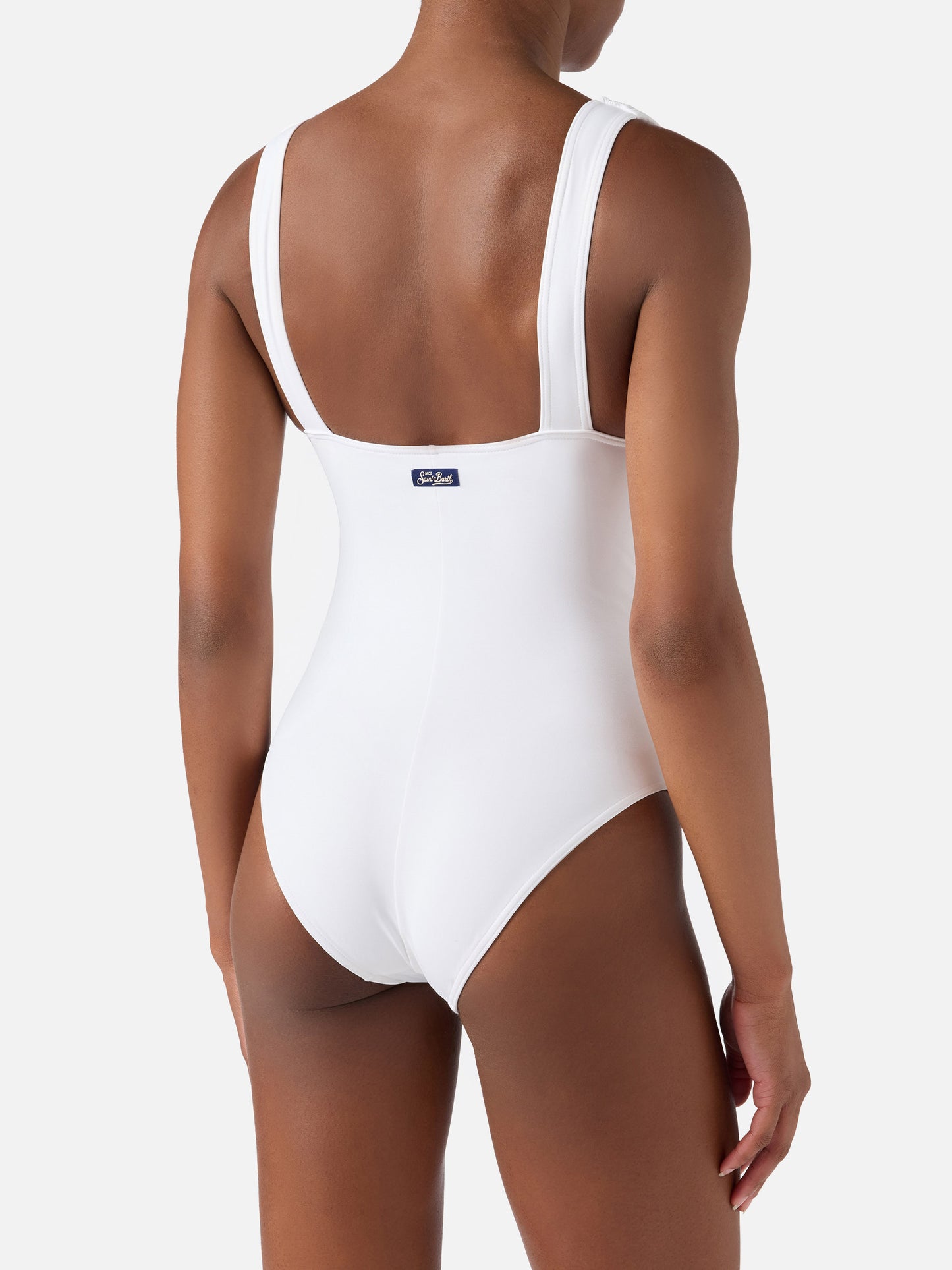 Mavi one-piece swimsuit with deep V neckline in solid white