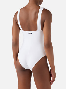 Mavi one-piece swimsuit with deep V neckline in solid white