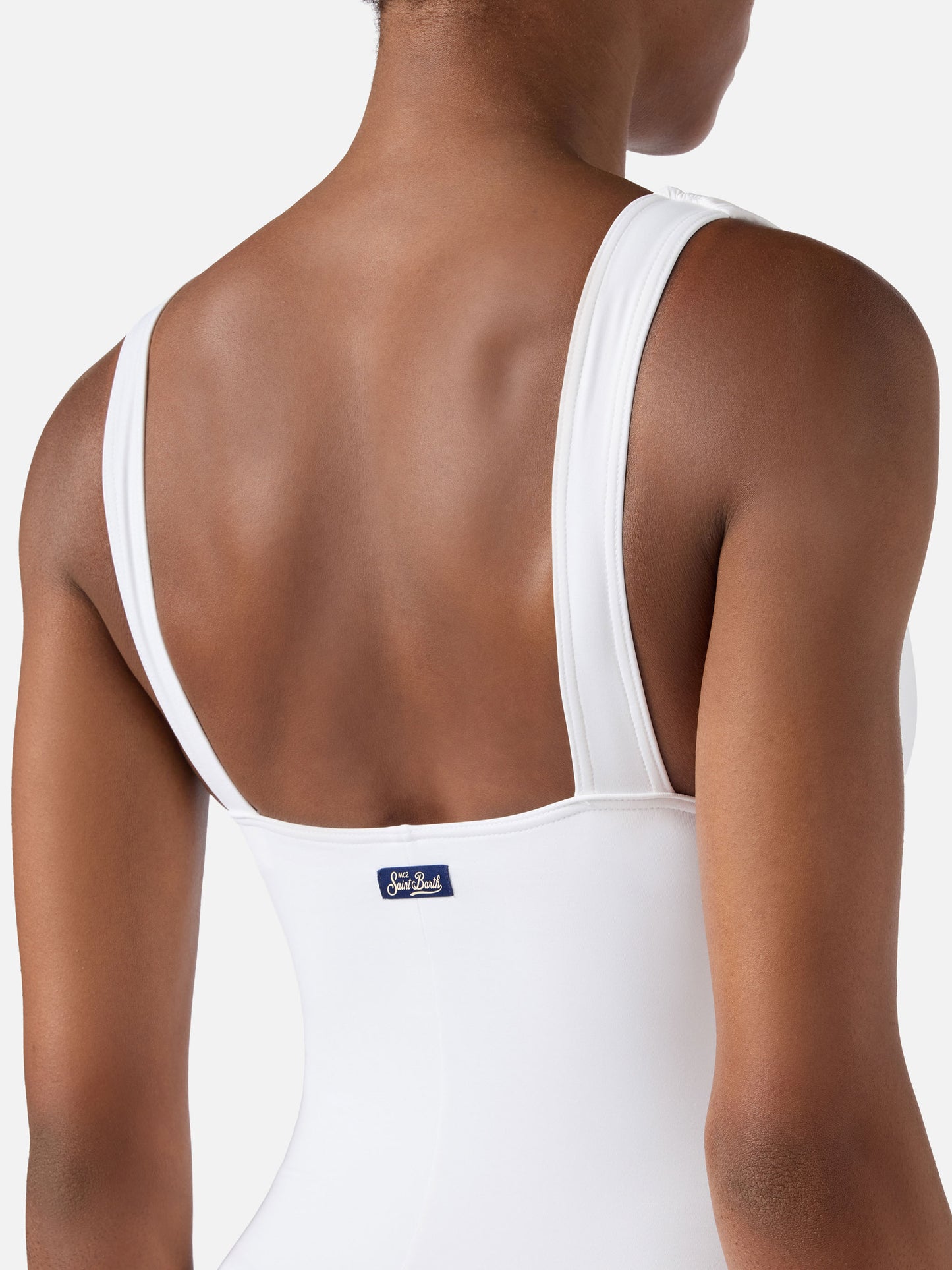 Mavi one-piece swimsuit with deep V neckline in solid white