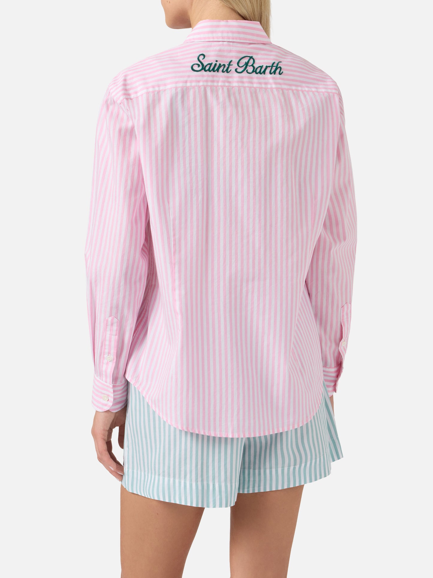 Chemise Meredith en coton à rayures roses avec broderie Saint Barth 