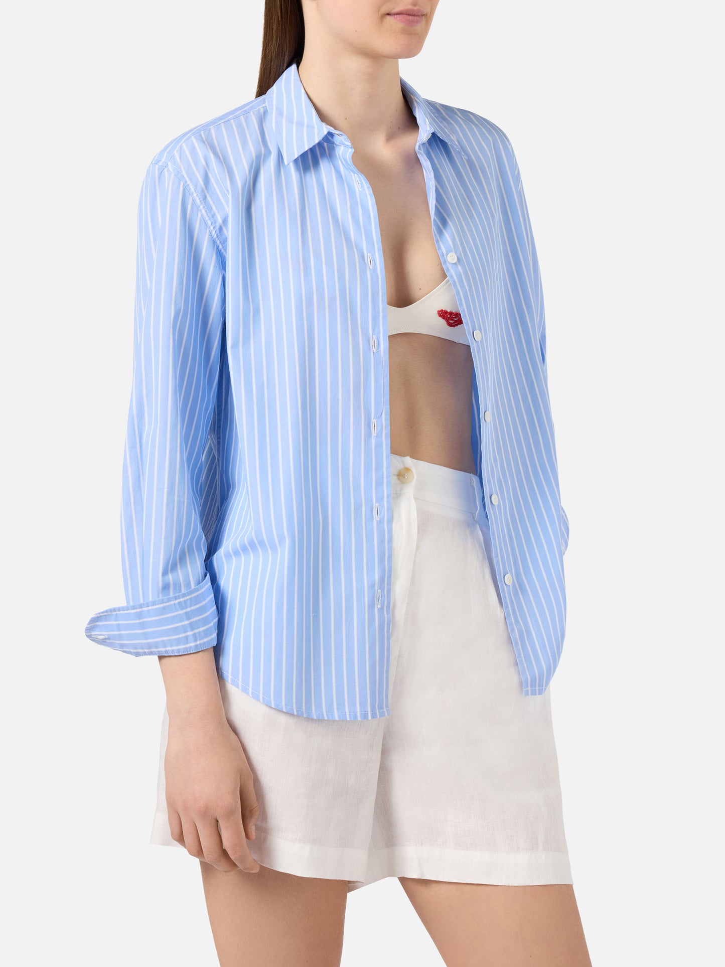 Chemise en coton Meredith à rayures bleu clair avec broderie St. Barth Queen 
