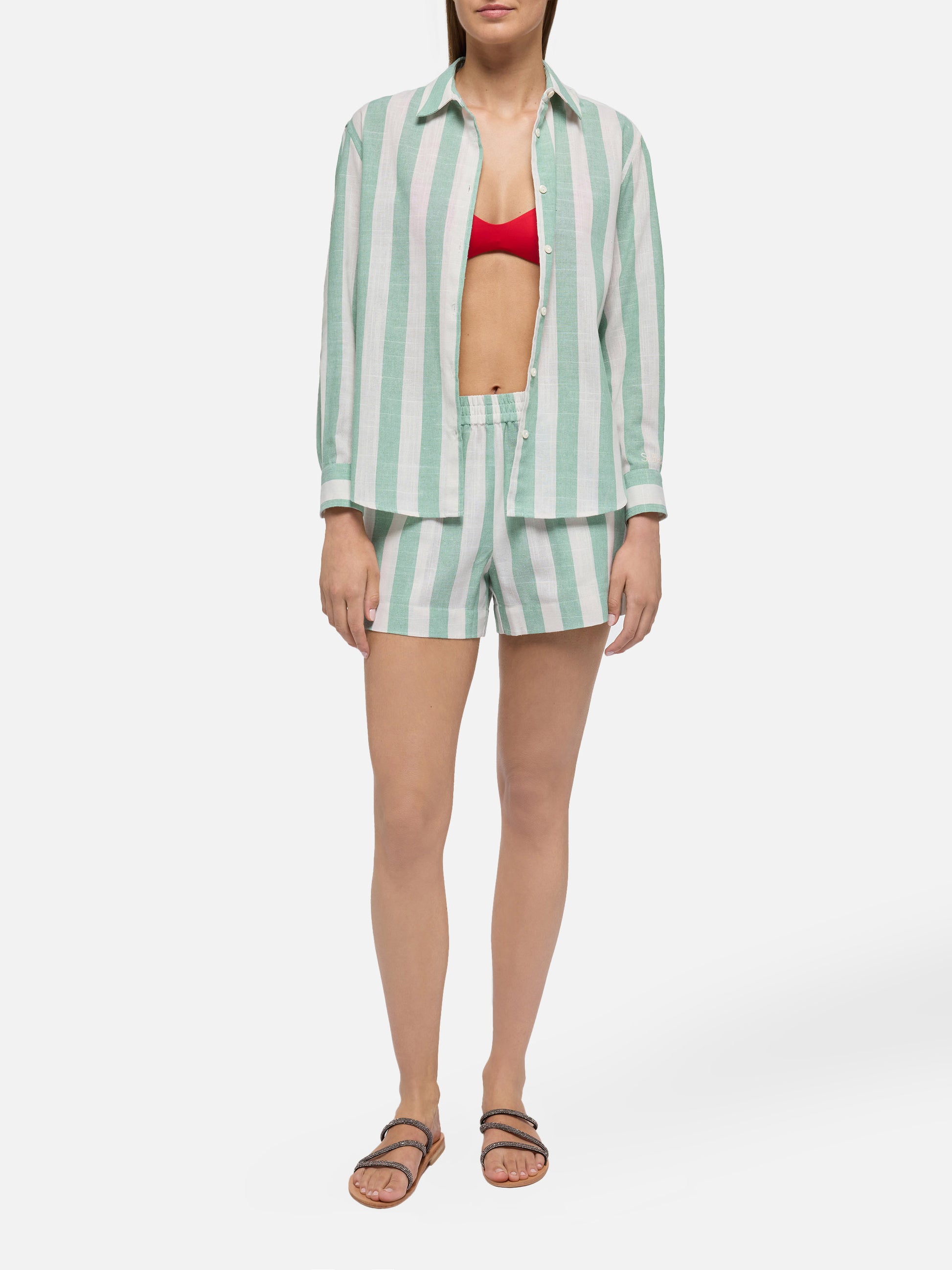 Meredith linen classic shirt with sage green striped print - MC2 Saint Barth