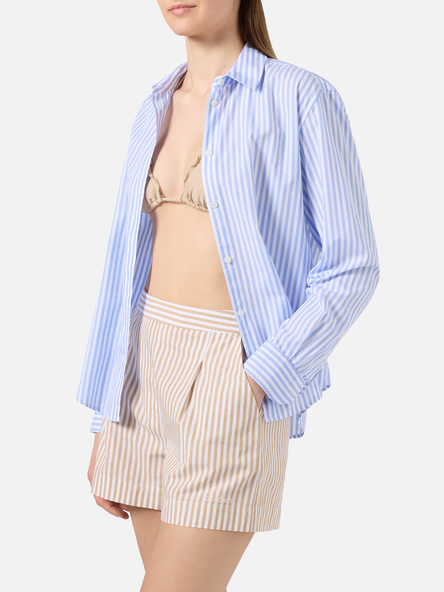 Chemise Meredith en coton à rayures bleues avec broderie Saint Barth 