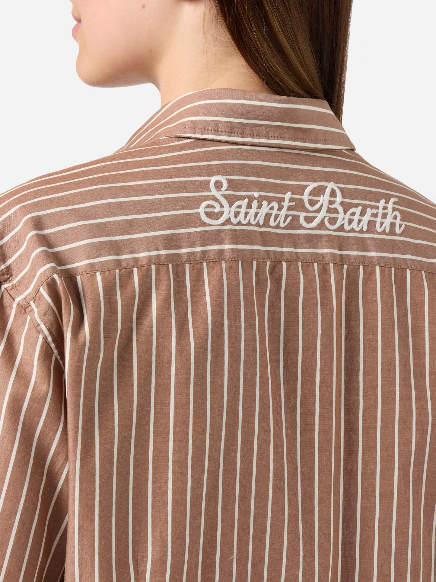 Camisa Meredith de algodón con rayas marrones y bordado Saint Barth 