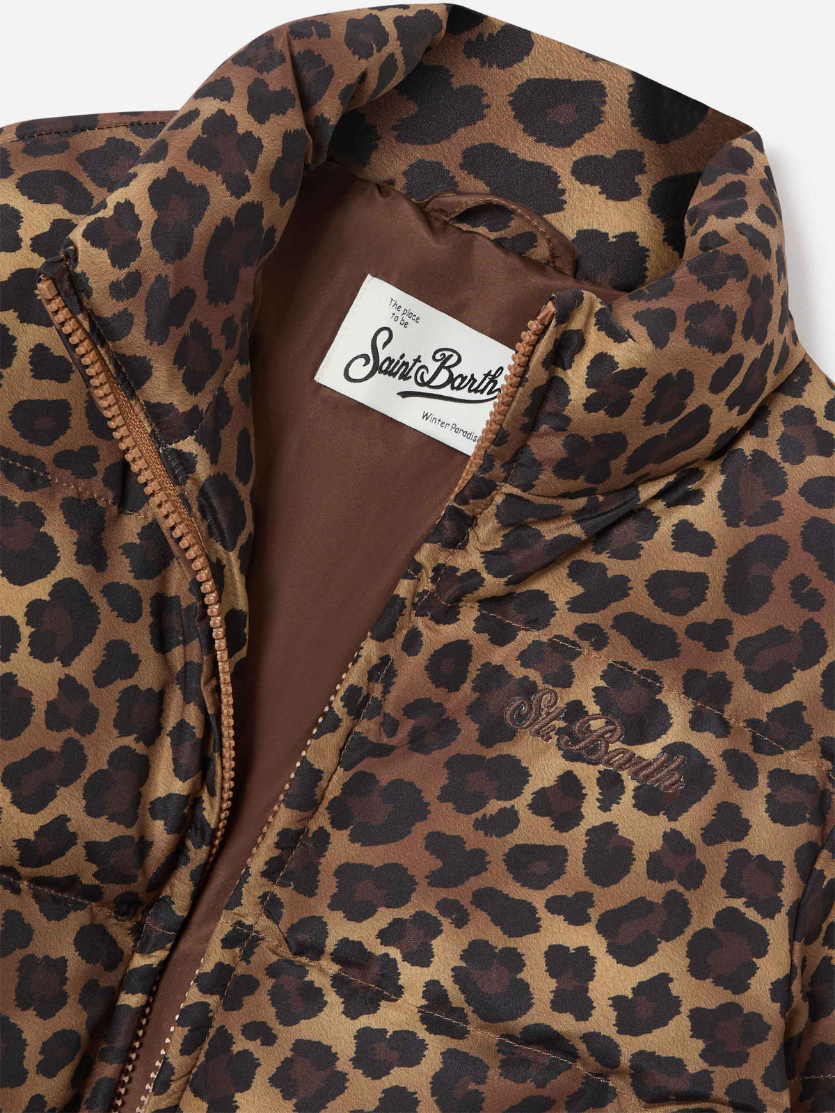 Brown Maddy teddy down jacket with leopard pattern