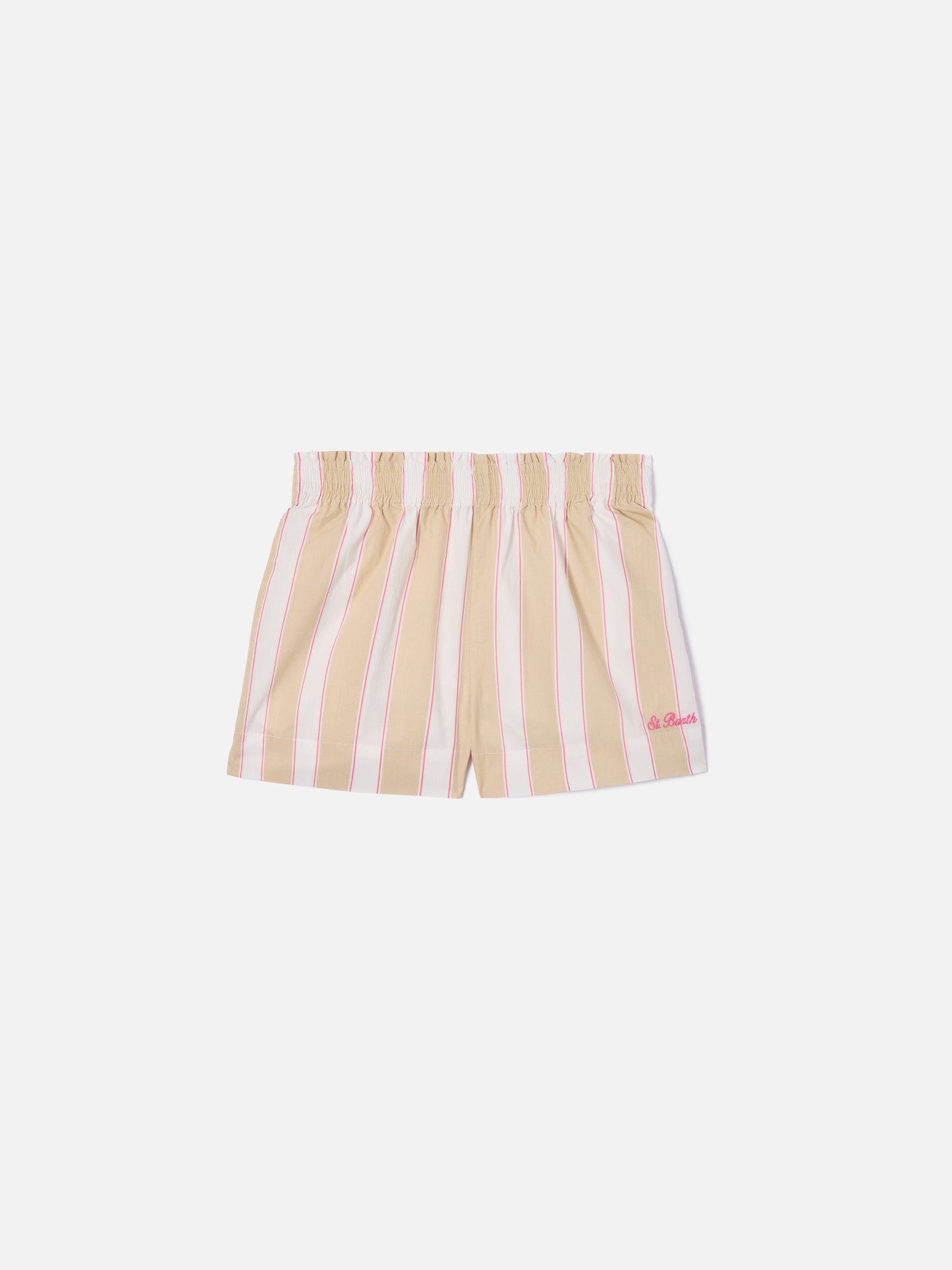 Shorts Meave Jr de popelina de algodón con rayas beige, blancas y rosas 
