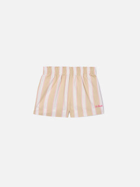 Shorts Meave Jr de popelina de algodón con rayas beige, blancas y rosas 