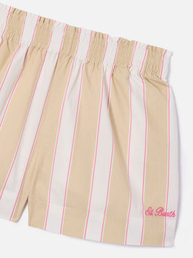 Shorts Meave Jr de popelina de algodón con rayas beige, blancas y rosas 