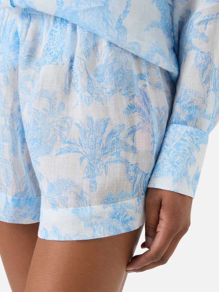 Shorts Meave in ramie con stampa toile de jouy azzurra