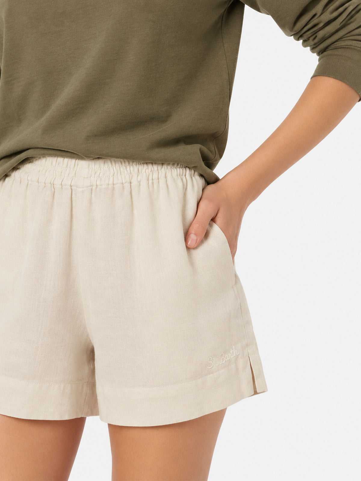 Meave cremefarbene Pull-up-Shorts aus Leinen 