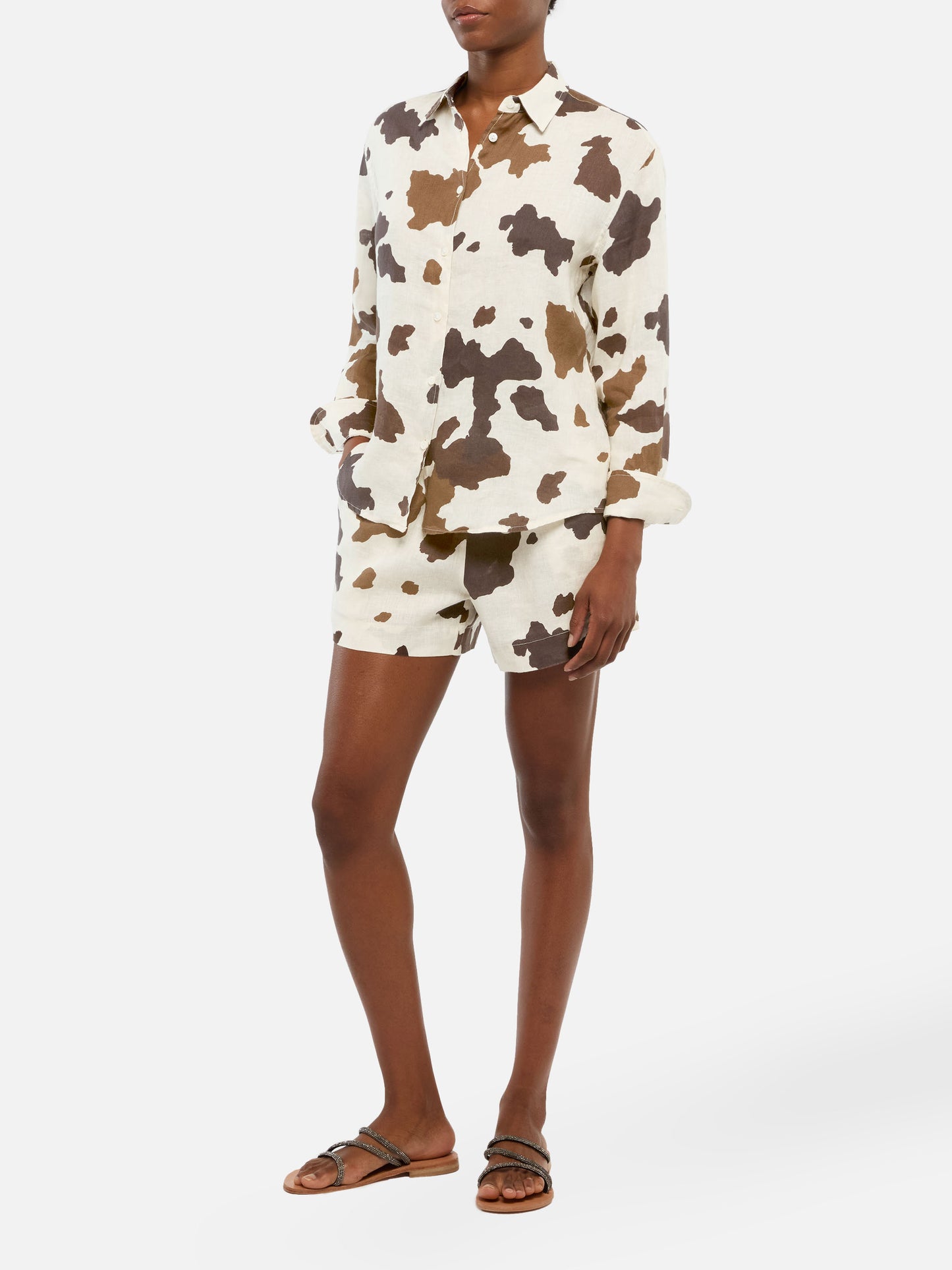 Meave – Pull-Up-Shorts aus Leinen mit Kuhfell-Print