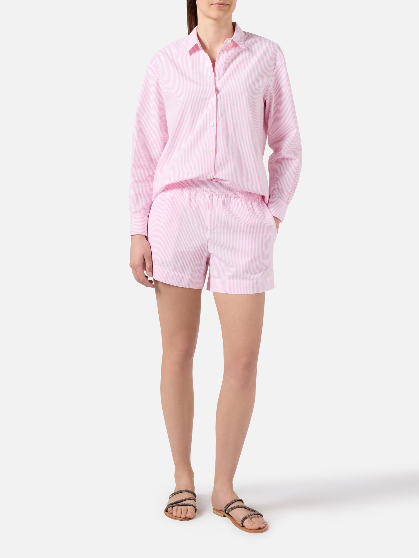 Shorts Meave in seersucker a righe rosa