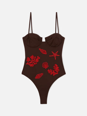 Costume intero Medea marrone con decorazioni marine in perline 
