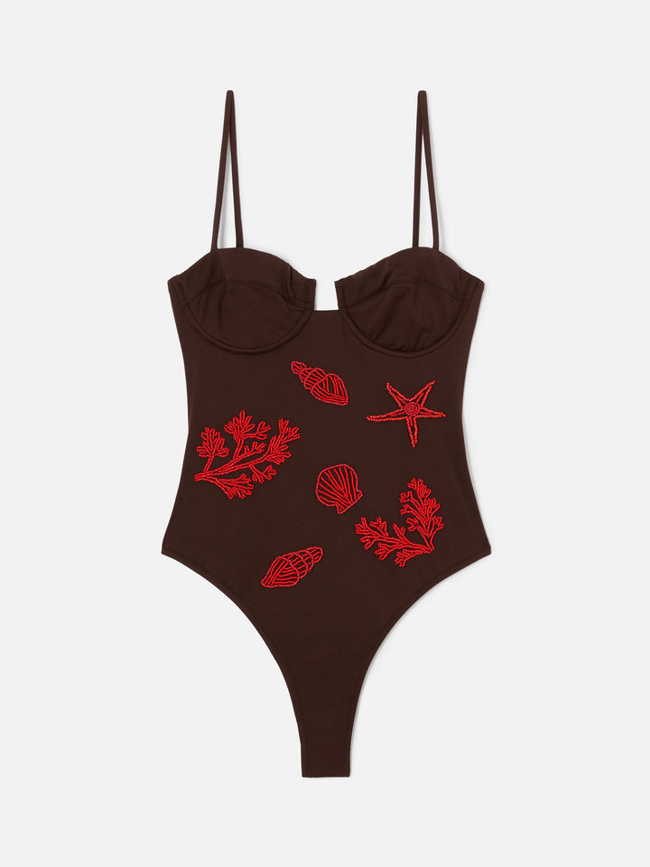 Costume intero Medea marrone con decorazioni marine in perline 