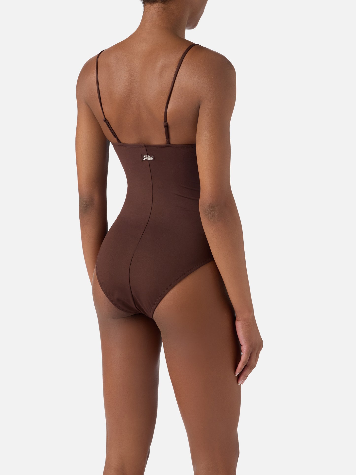 Costume intero Medea marrone con decorazioni marine in perline 