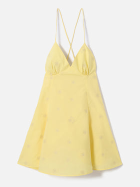 Short Marge dress in yellow cotton with floral embroidery