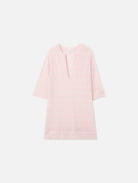 Short Macha dress in raschel fabric with floral motif