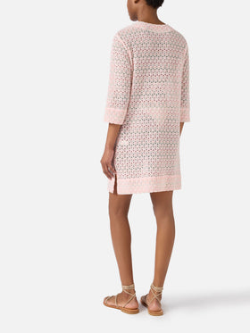 Short Macha dress in raschel fabric with floral motif