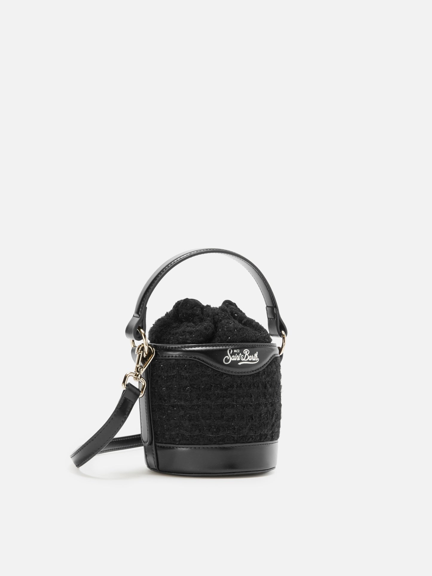 Mila Tweed Bucket Bag aus schwarzem Tweed-Wollmischgewebe
