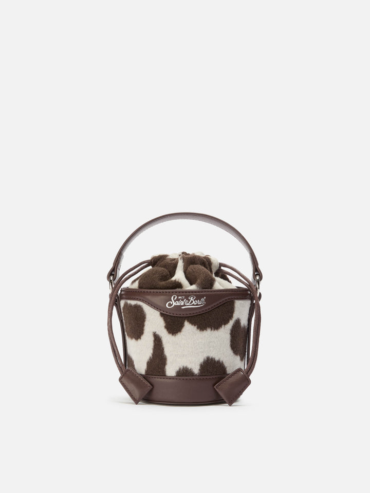 Mila Tweed Bucket Bag aus Tweed-Wollmischung mit Kuhfellmuster.