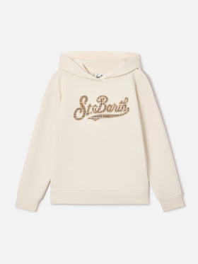 Cream Mindy cotton blend hoodie with St. Barth tartan insert