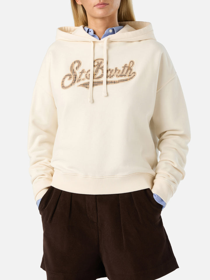 Felpa con cappuccio Mindy off white con inserto logo tartan