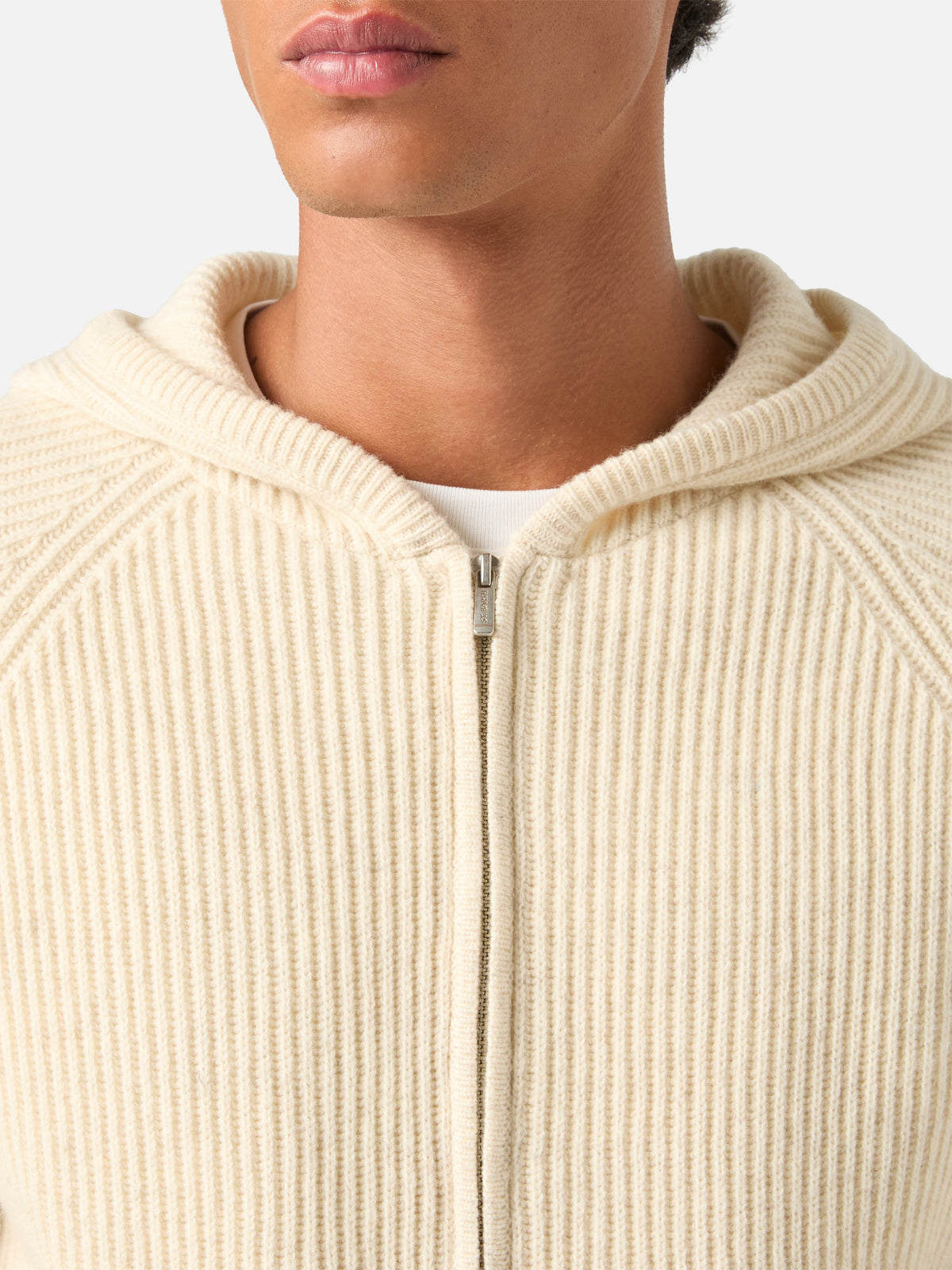 Punto con capucha Malcolm de lana beige con cremallera completa 