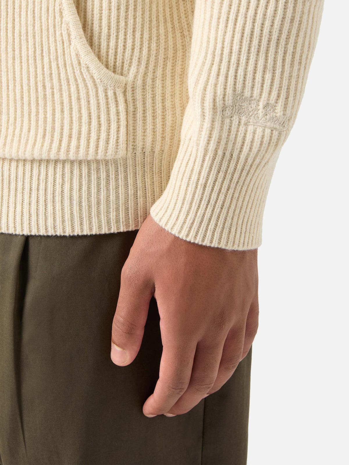 Punto con capucha Malcolm de lana beige con cremallera completa 