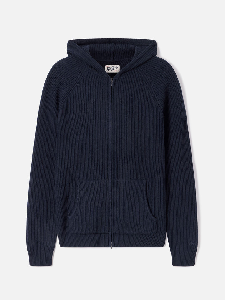 Maglia Malcolm blu notte in lana con cappuccio e zip intera