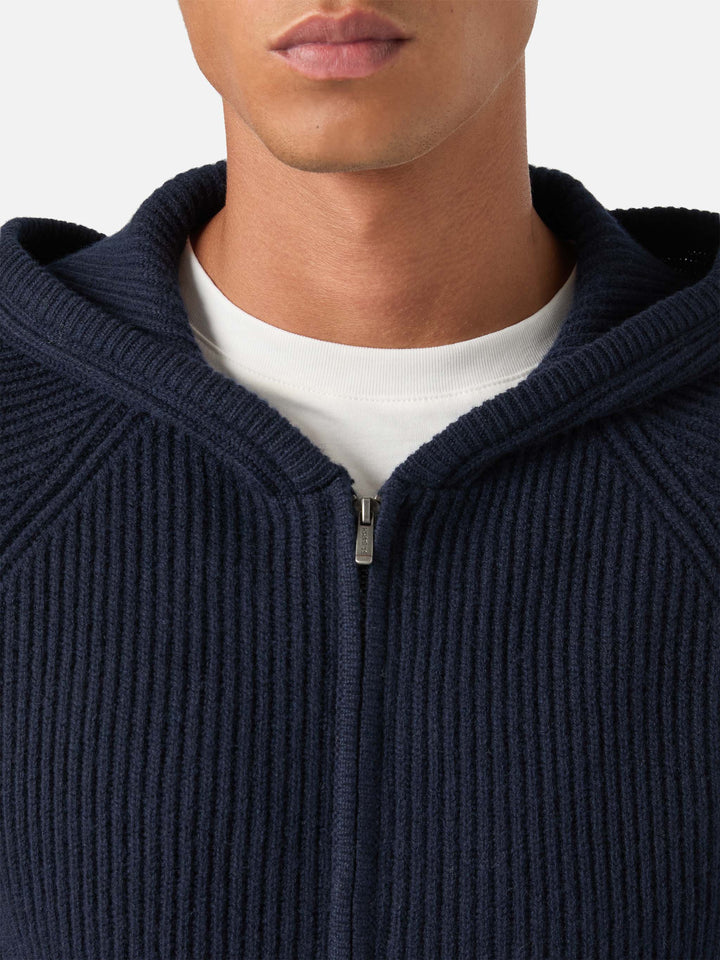 Maille à capuche en laine Malcolm Navy blue avec zip intégral 
