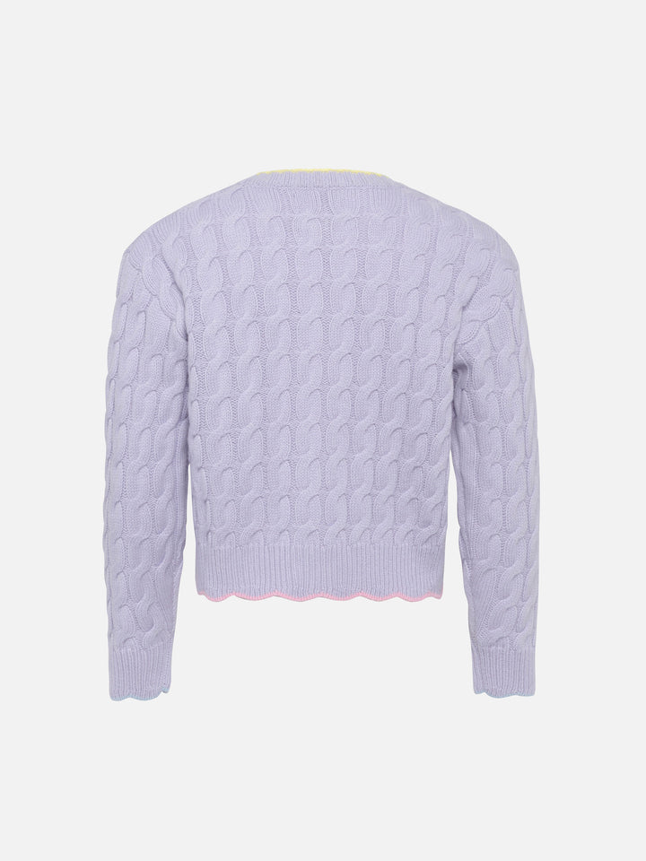 Girl lilac wavy cable knit cardigan Mallery with contrast buttons and details - MC2 Saint Barth