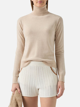 Düsterer Rollkragenpullover aus Kaschmir in Beige-Melange mit St.-Barth-Stickerei