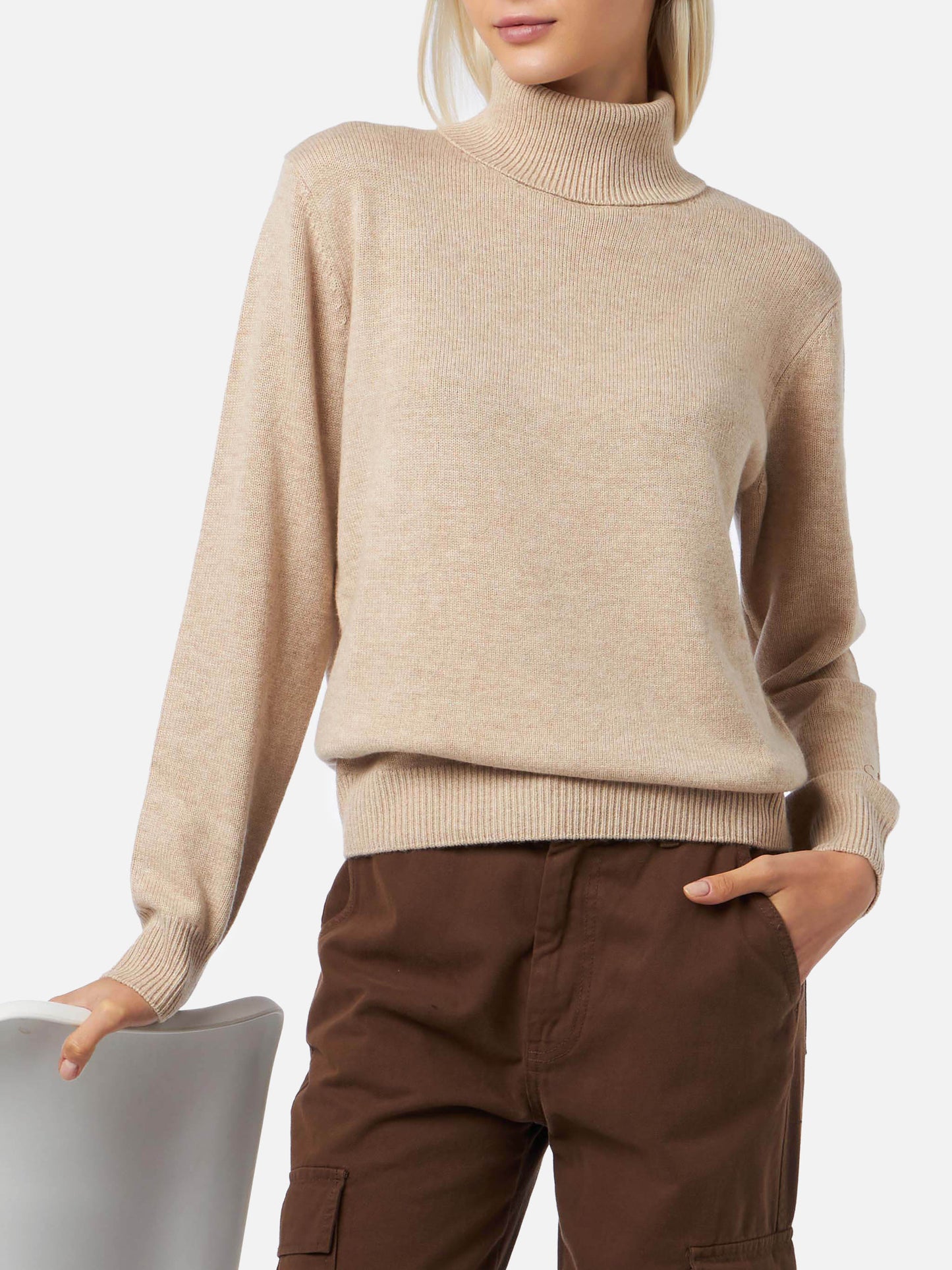 Rollkragenpullover Moody aus 100 % beigefarbenem Kaschmir
