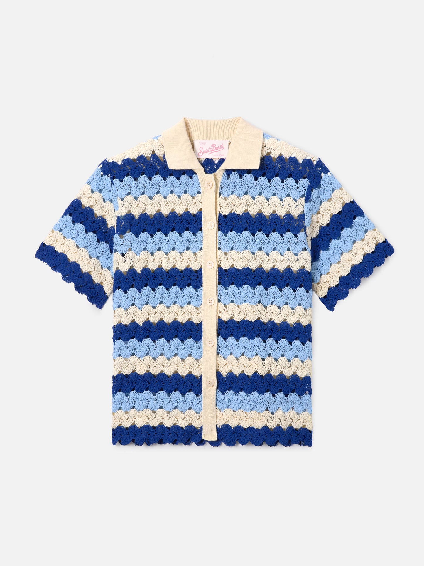 Polo de punto de algodón con efecto crochet Monet y motivo de rayas 