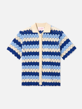 Polo de punto de algodón con efecto crochet Monet y motivo de rayas 