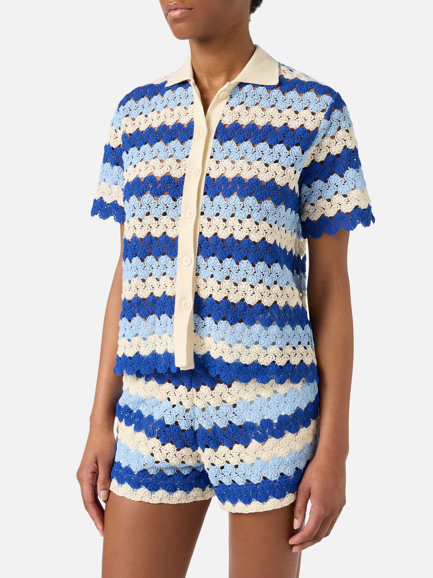 Polo de punto de algodón con efecto crochet Monet y motivo de rayas 