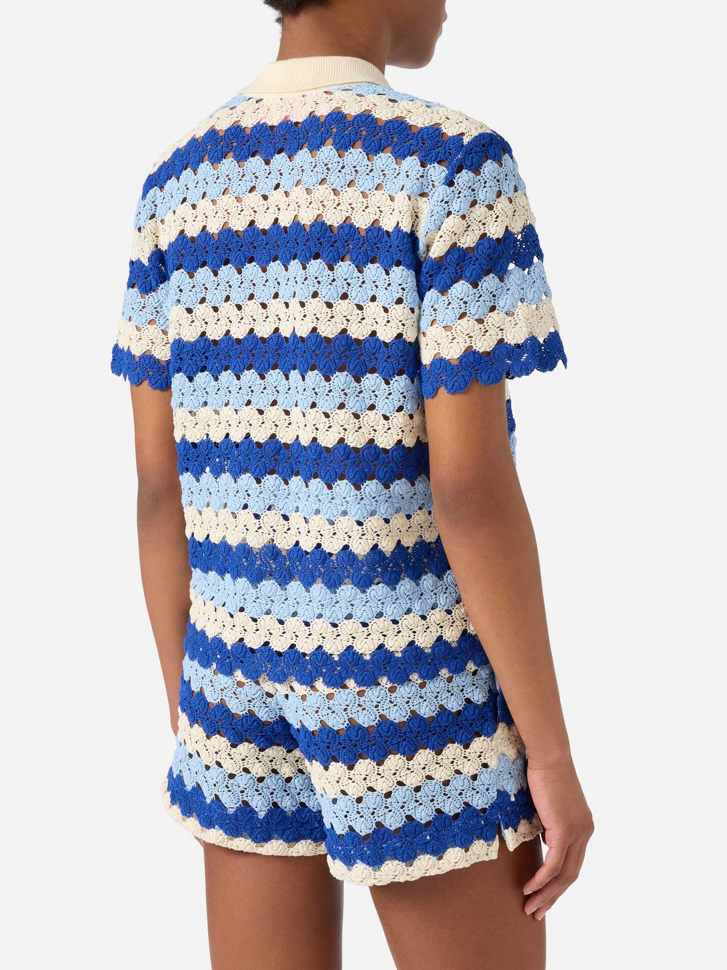 Polo de punto de algodón con efecto crochet Monet y motivo de rayas 
