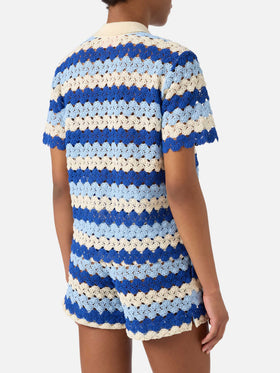 Polo de punto de algodón con efecto crochet Monet y motivo de rayas 