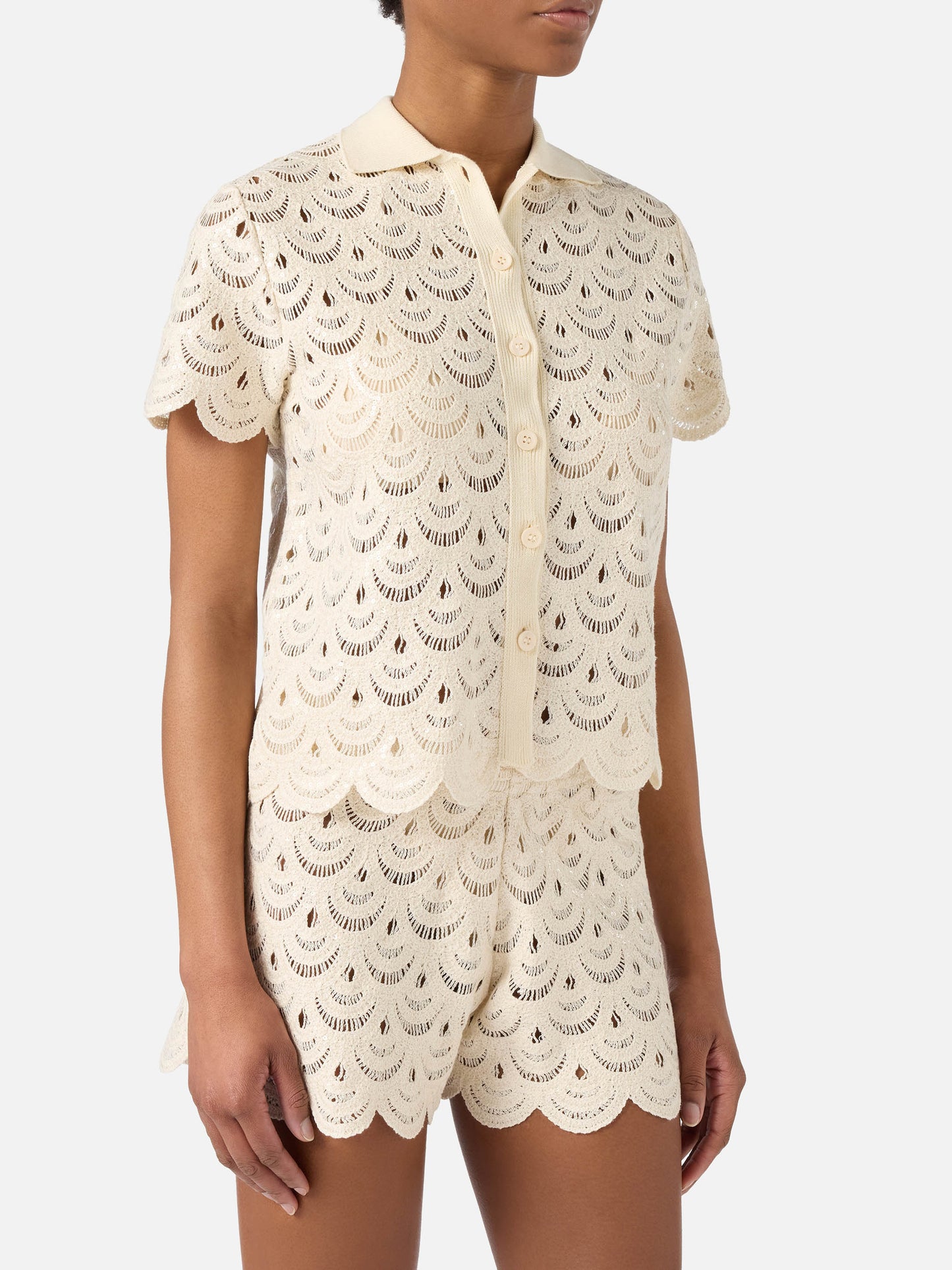 Monet crochet-effect cotton knit polo with sequins