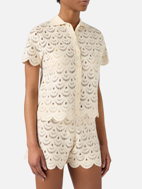 Monet crochet-effect cotton knit polo with sequins