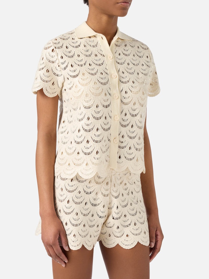 Monet crochet-effect cotton knit polo with sequins