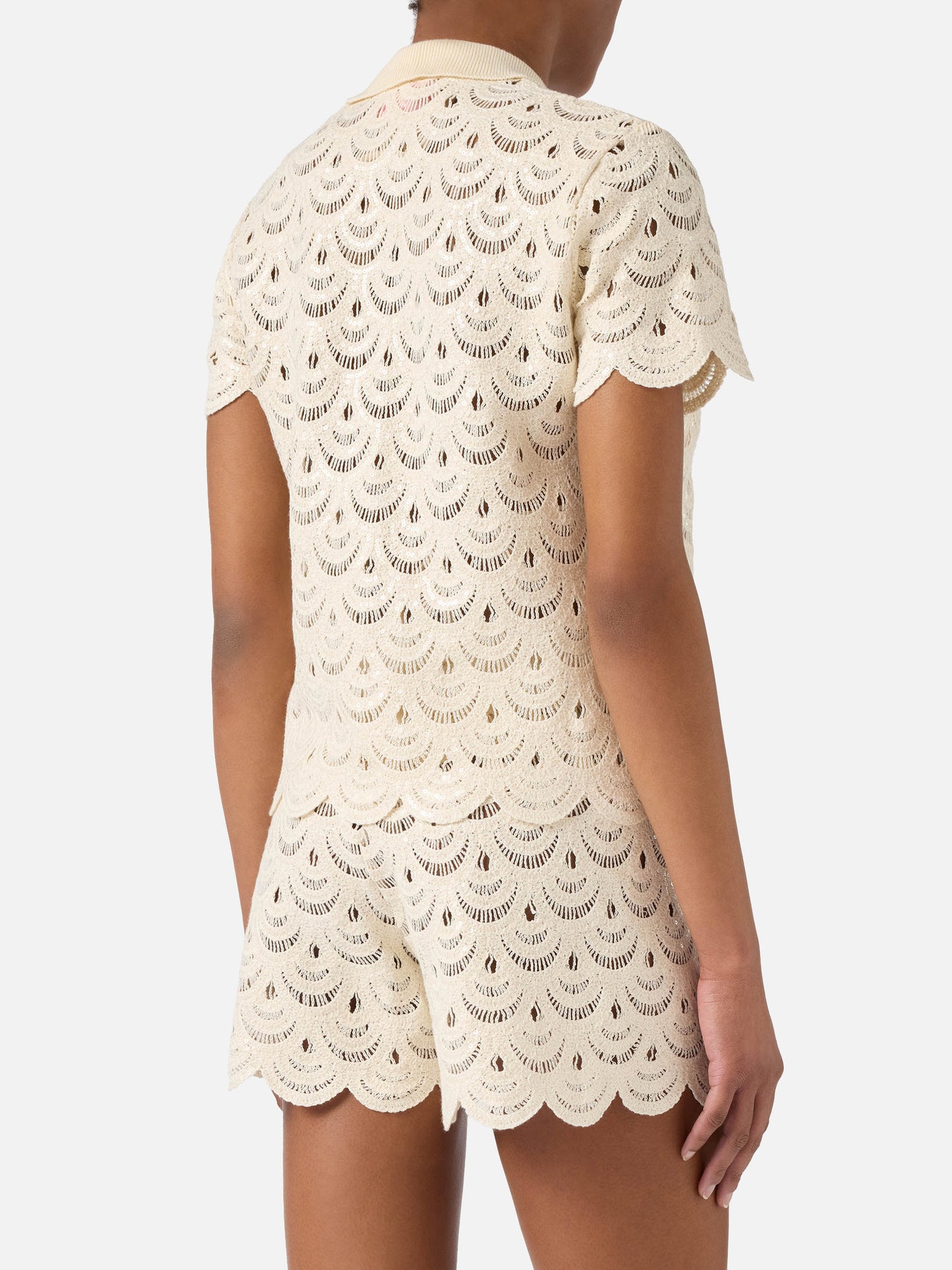 Monet crochet-effect cotton knit polo with sequins