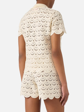Monet crochet-effect cotton knit polo with sequins